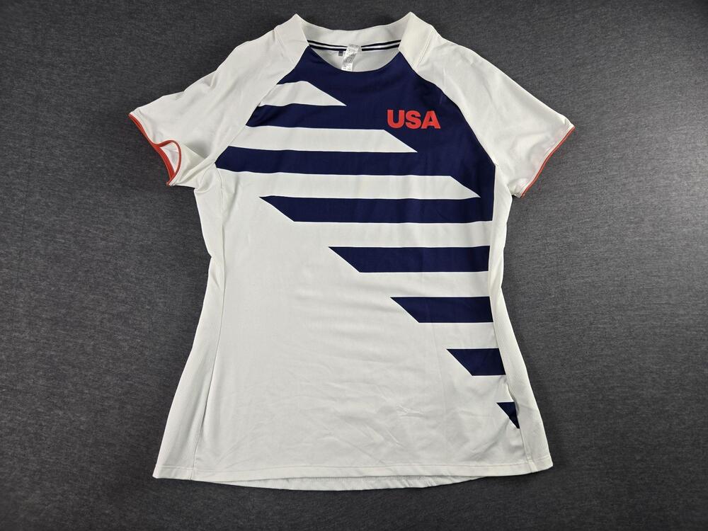 Adidas Women's USA Golf Crewneck Shirt White Navy Blue Stripes FT7836 Size M